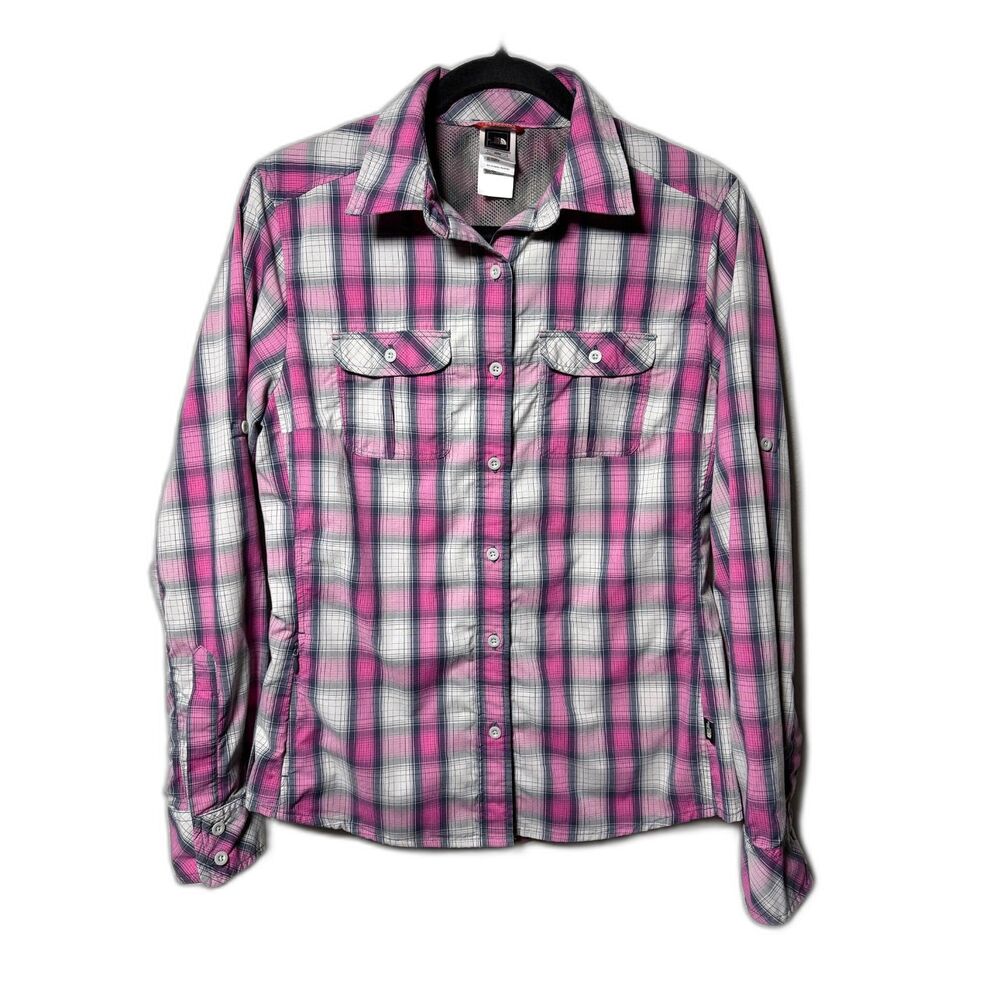 The North Face Plaid Roll Up Sleeve Hiking Shirt Pink Grey Womens M Tech Pocket